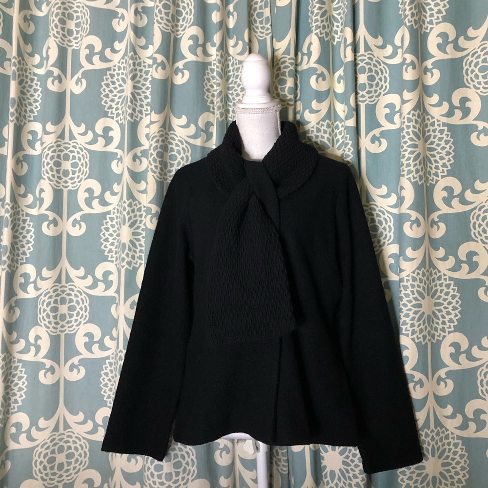 Zoe D. Wool Sweater Jacket with Attached Scarf